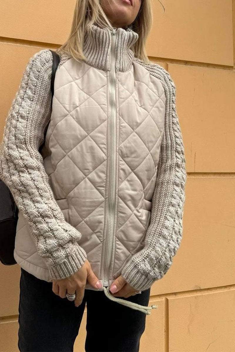 LEONA - Chaqueta informal en color sólido con cremallera y detalles de patchwork en contraste para mujer