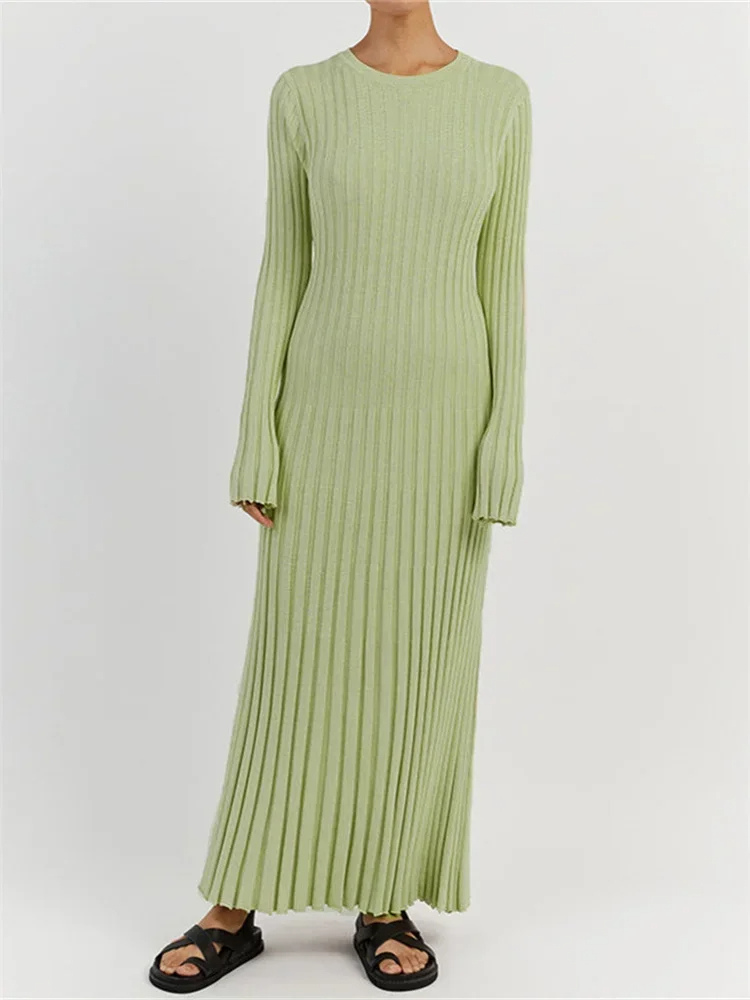 NEUS - Vestido largo ajustado de punto con diseño plisado y tela elástica para mujer