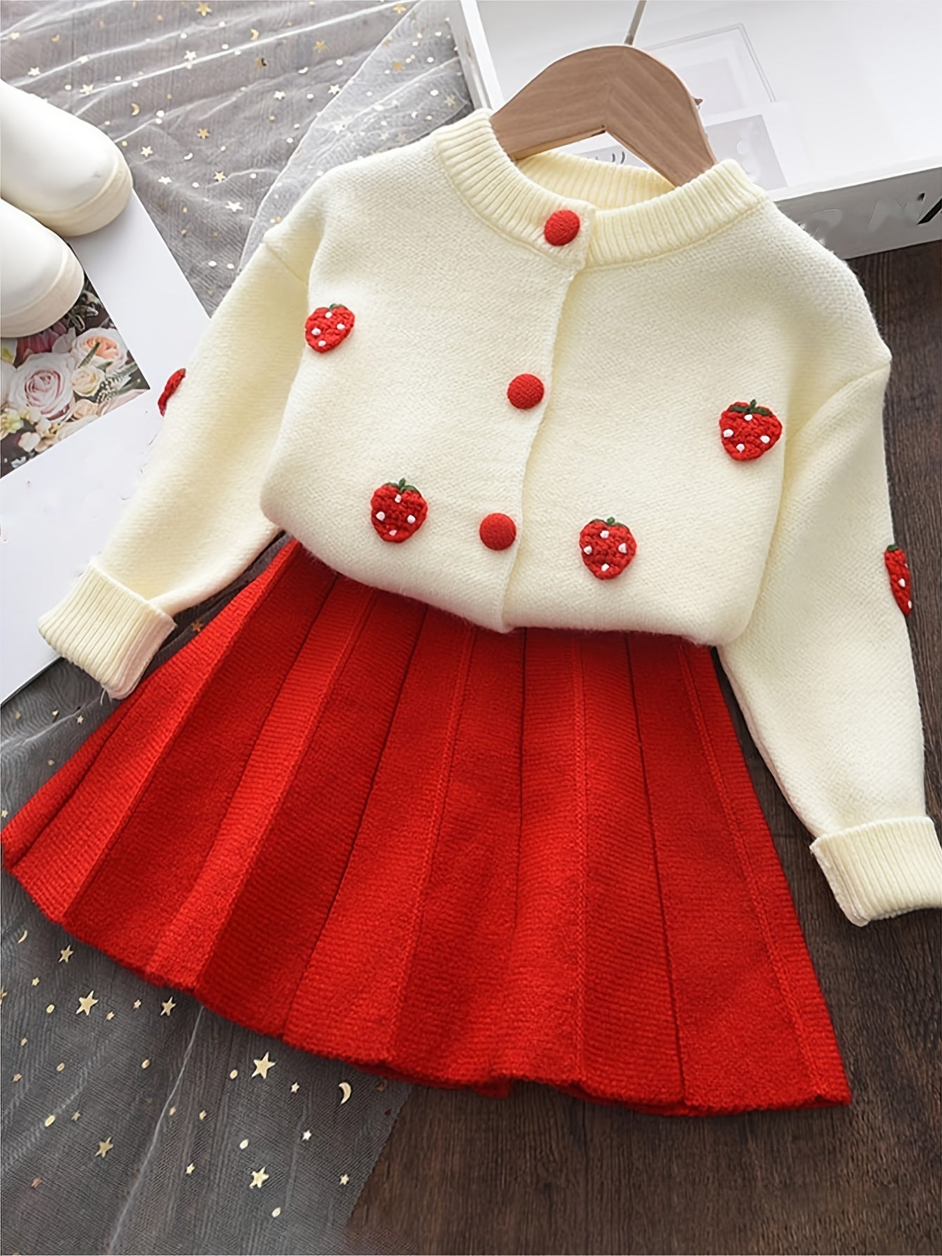 LILOU - Conjunto de cárdigan de punto y falda plisada para niñas