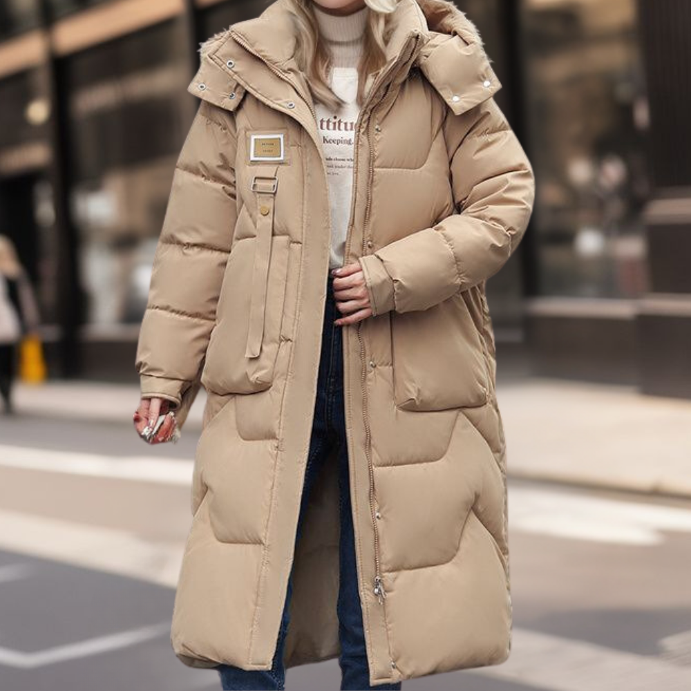 LIA - Abrigo largo acolchado con capucha para mujer