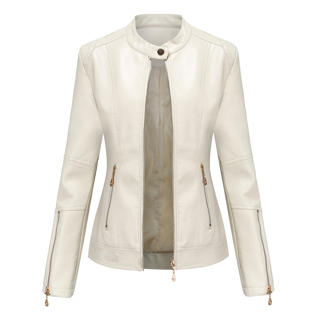 SALMA - Chaqueta de cuero elegante con cuello redondo y cierre de botones para mujer