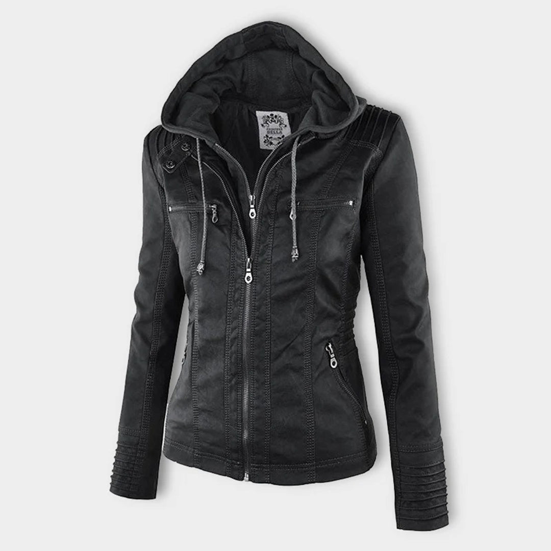 LEIGH – Chaqueta de cuero impermeable para mujer con capucha