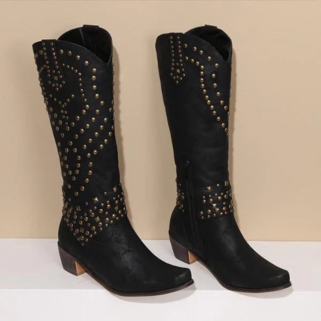 JOAN – Botas con tachuelas metálicas y tacón grueso para mujer