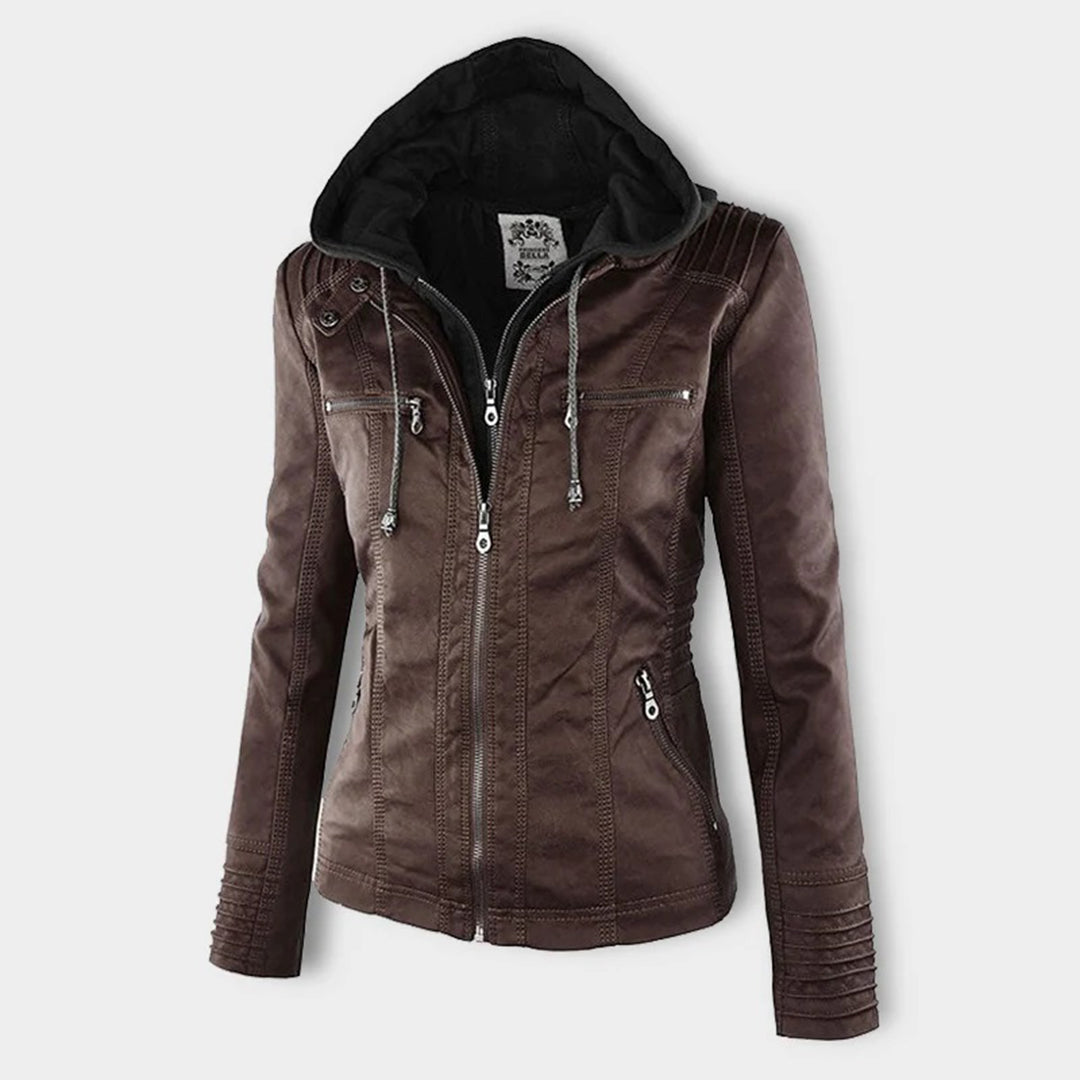 LEIGH – Chaqueta de cuero impermeable para mujer con capucha