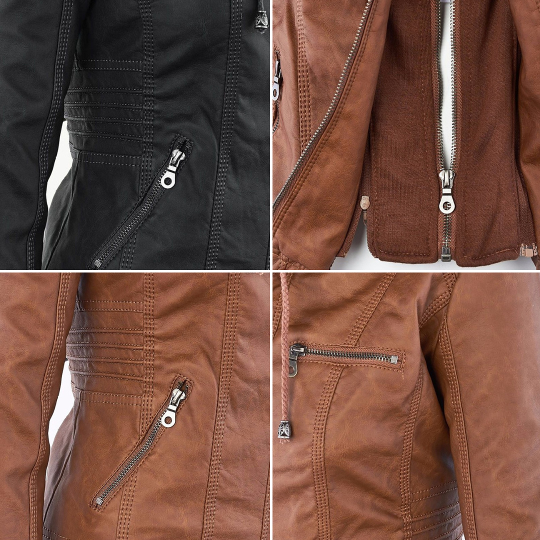 LEIGH – Chaqueta de cuero impermeable para mujer con capucha