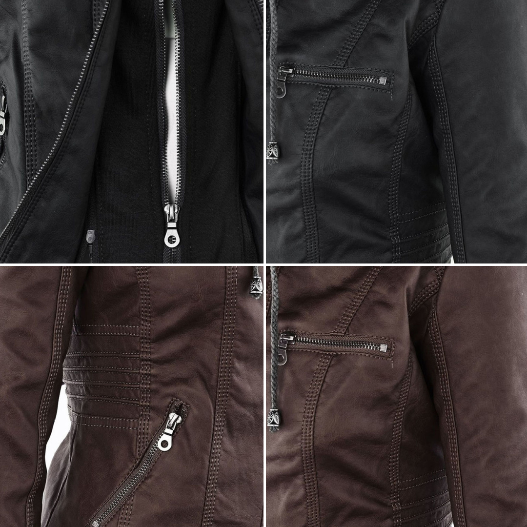 LEIGH – Chaqueta de cuero impermeable para mujer con capucha