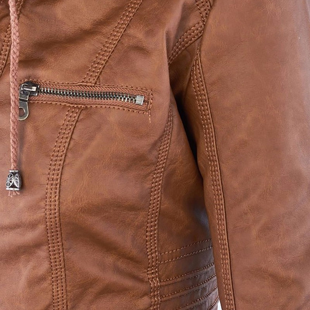 LEIGH – Chaqueta de cuero impermeable para mujer con capucha