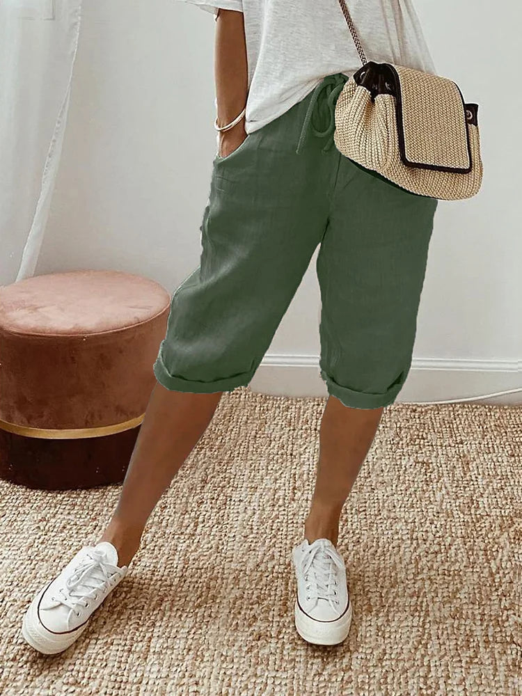 Pantalón de algodón y lino con cintura elástica y bolsillos – EMELYN