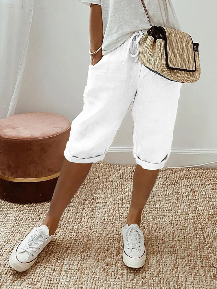 Pantalón de algodón y lino con cintura elástica y bolsillos – EMELYN