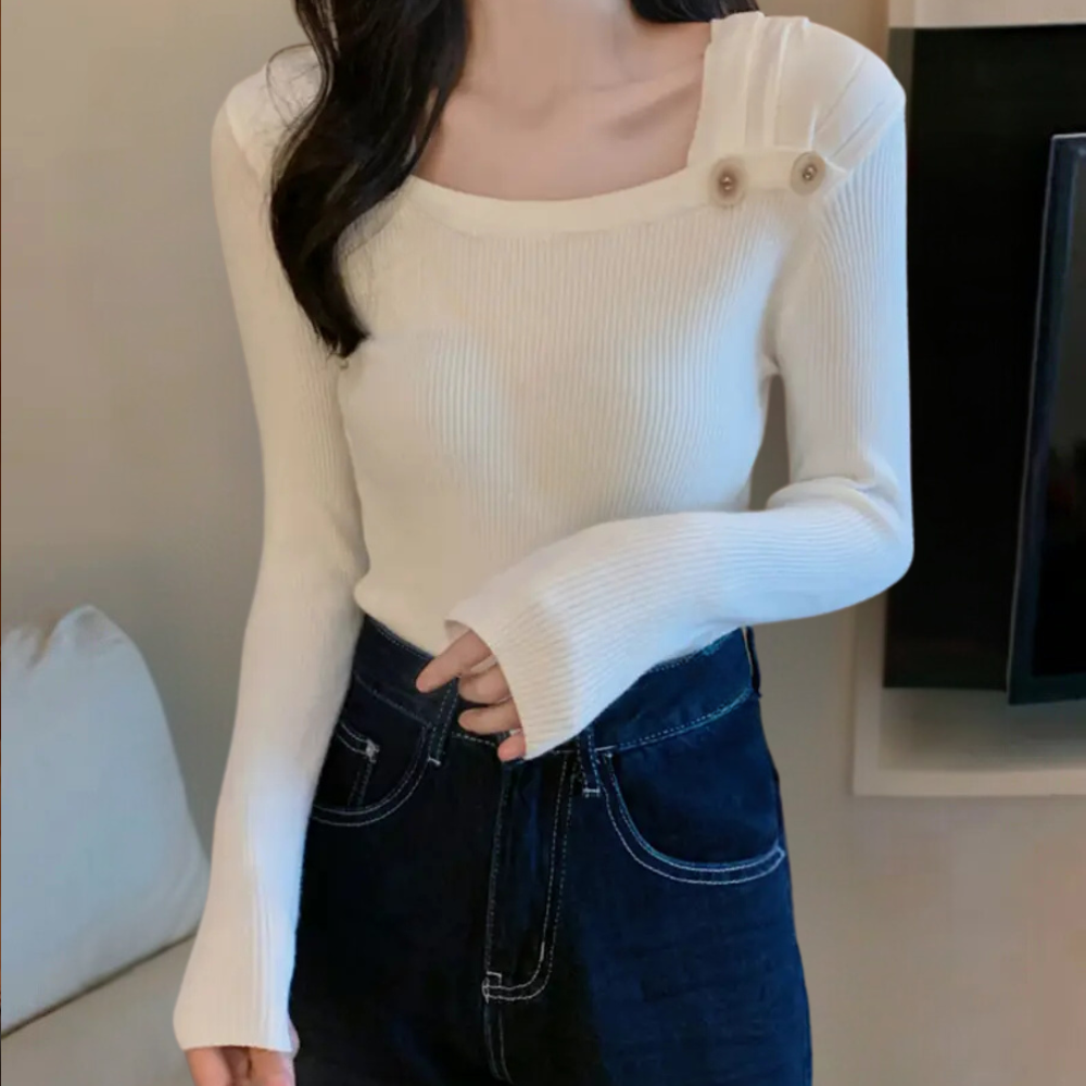 Jersey de punto acanalado con cuello redondo y ajuste cómodo – SYLVAINE Ribknit