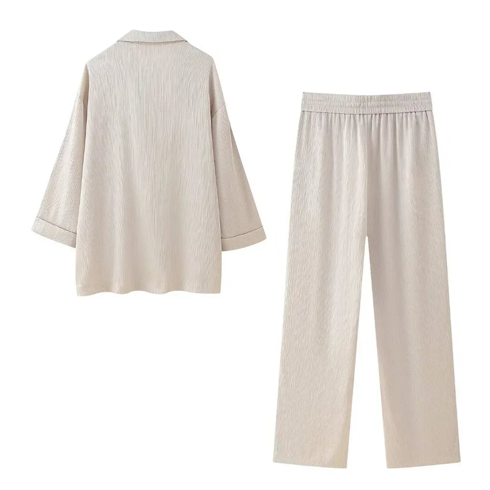 Conjunto elegante de blazer cruzada y pantalón palazzo para mujer – VÉRONIQUE