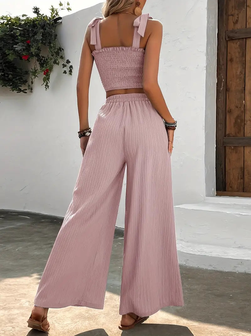 Conjunto veraniego de dos piezas con top fruncido y pantalón ancho – GAILA SummerEase