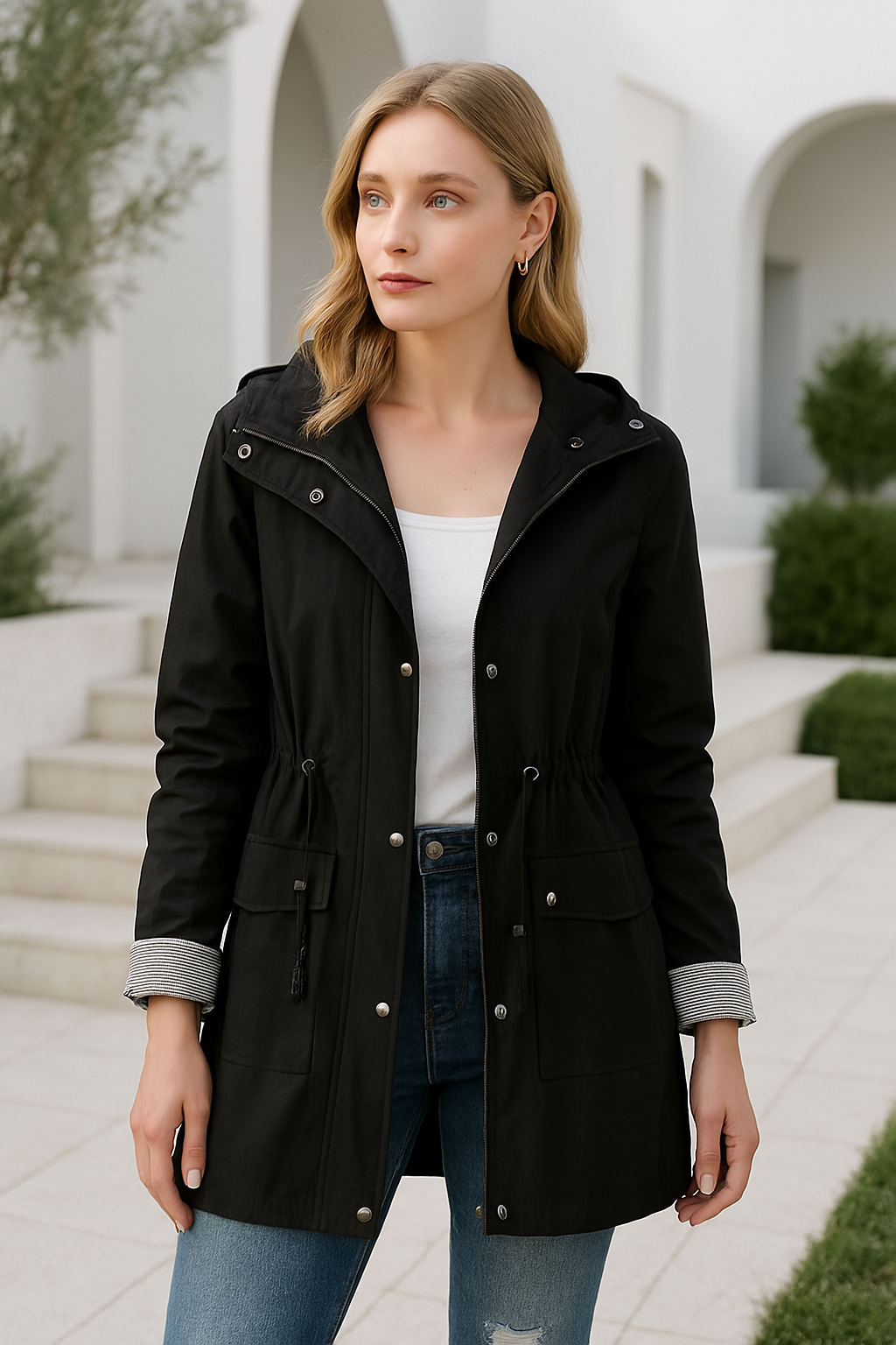 Chaqueta ligera para mujer con capucha y cordón ajustable – TAMIRA LightShield