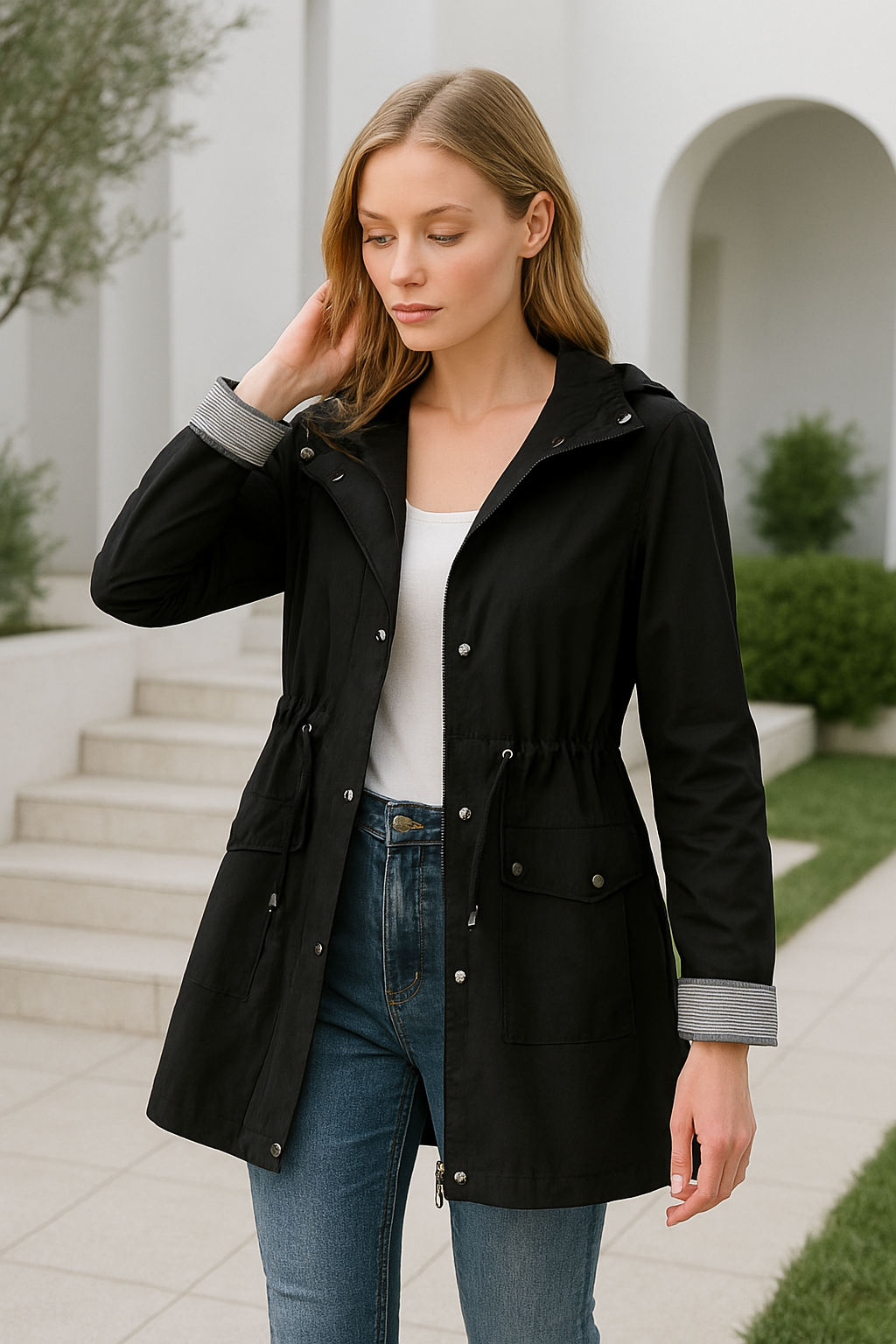 Chaqueta ligera para mujer con capucha y cordón ajustable – TAMIRA LightShield