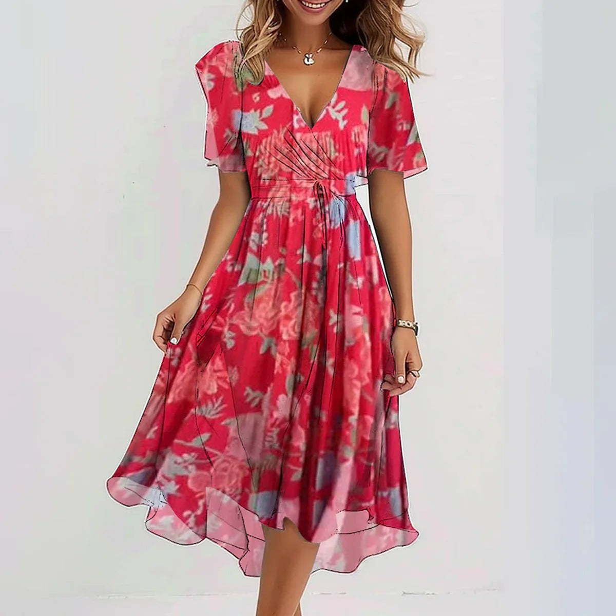 Vestido midi cruzado con estampado fluido para invitada de boda – ELIORA DUNE