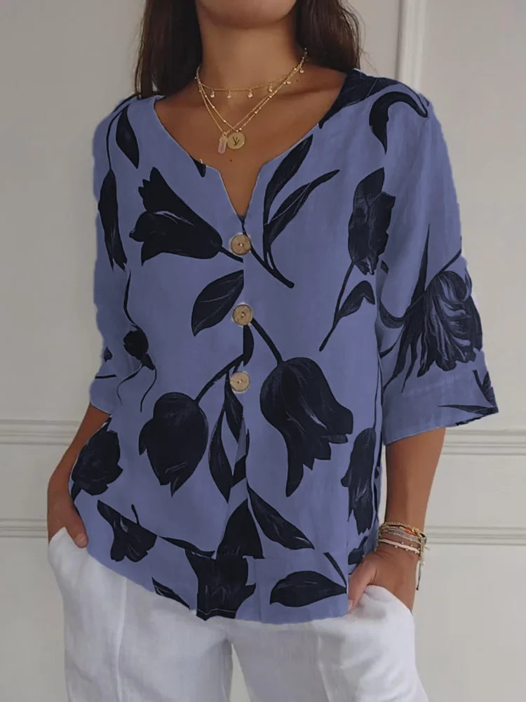 Blusa de flores con botones decorativos y manga 3/4 – FLORIANA BLOOM