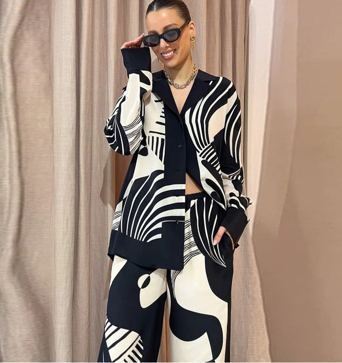 Tabita - Conjunto de Dos Piezas Camisa Manga Larga Con Botones y Pantalón Pierna Ancha Primavera Vernano Con Estampado Primavera Verano Para Mujer