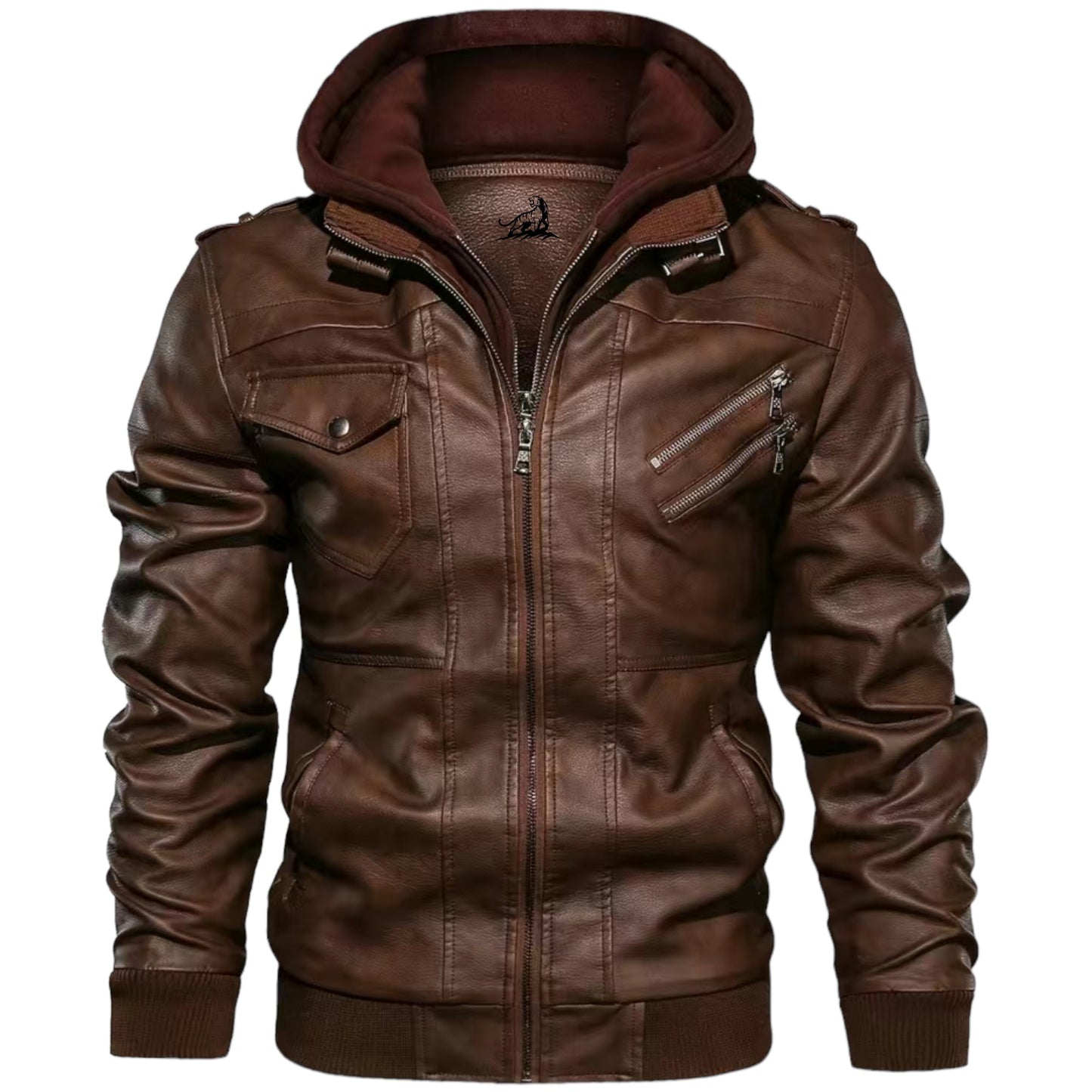 FABIO - Chaqueta de cuero con capucha y cremallera para hombre