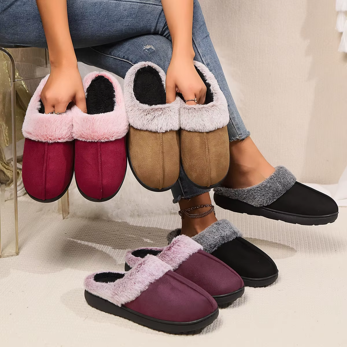 CELINE - Pantuflas cómodas con forro de pelo óptico para mujer