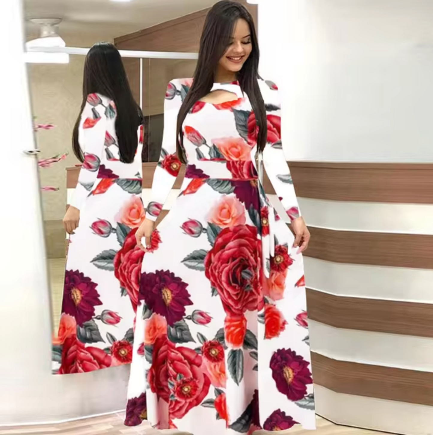 LIA - Vestido maxi de manga larga con estampado floral para mujer