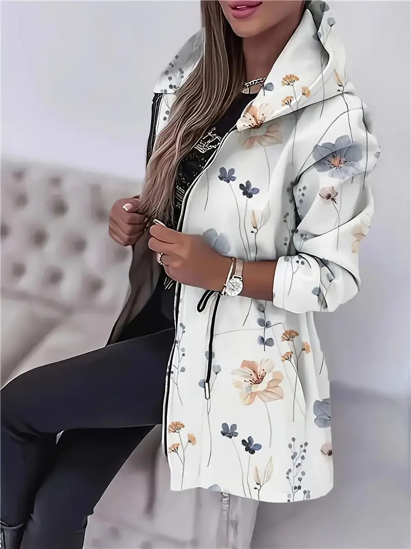 INESA - Chaqueta larga con capucha y estampado floral para mujer