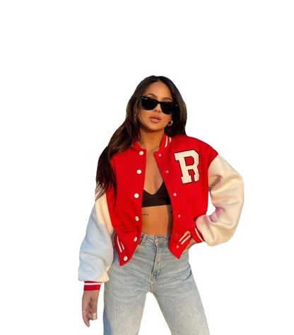 RIELA - Chaqueta bomber varsity con estampado de letras y corte casual para mujer