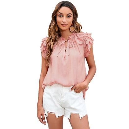 Berta - Blusa Suelta de Manga Corta con Volantes Unicolor Oficina Primavera Verano Para Mujer Rosa