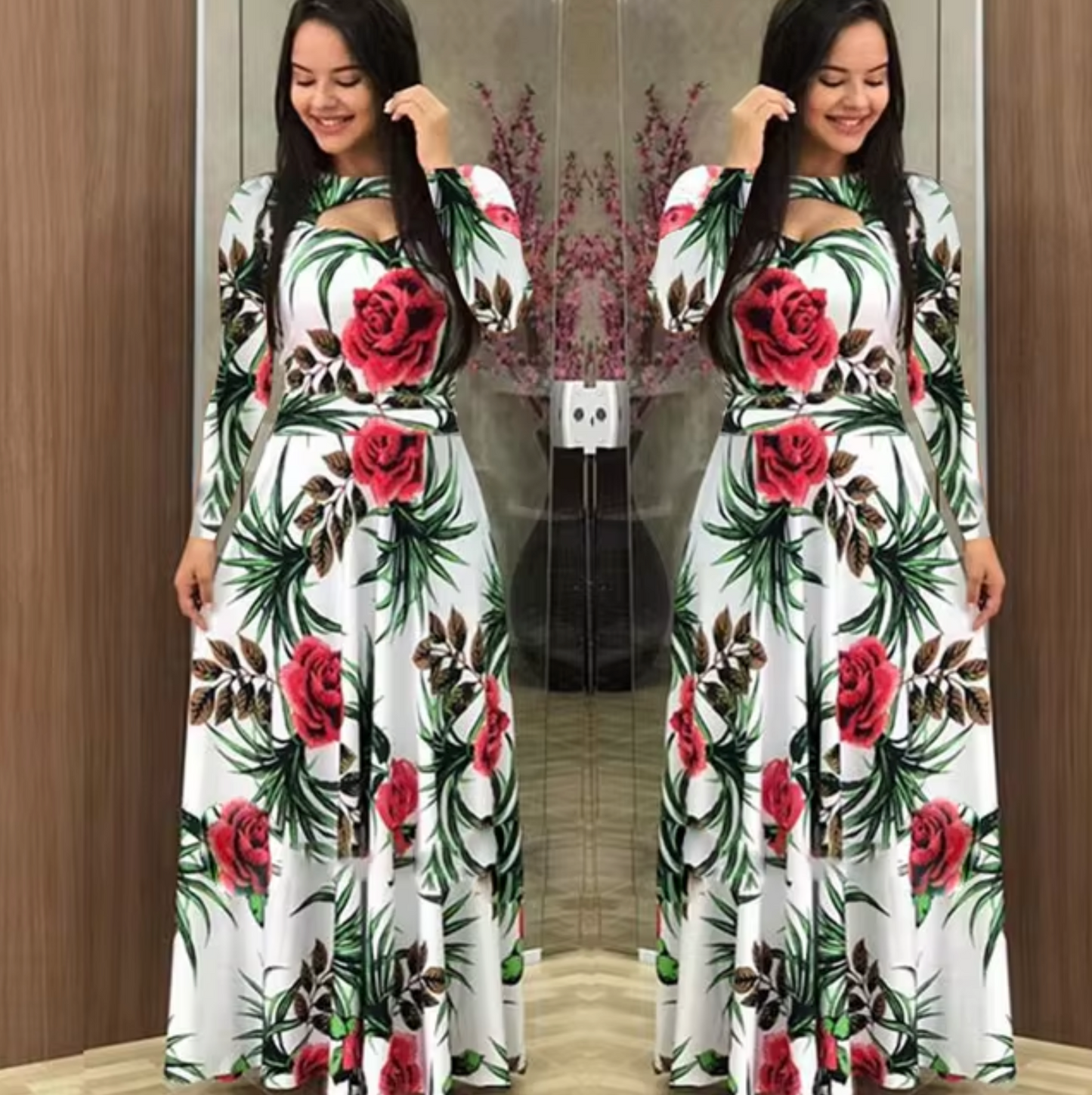 LIA - Vestido maxi de manga larga con estampado floral para mujer