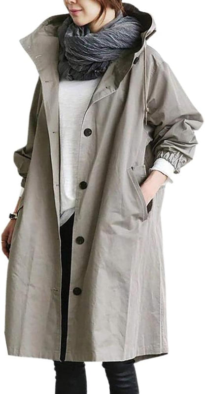 TOSCANA – Trench coat largo con capucha y cuello alto para mujer, disponible en tallas grandes