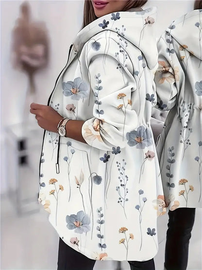 INESA - Chaqueta larga con capucha y estampado floral para mujer