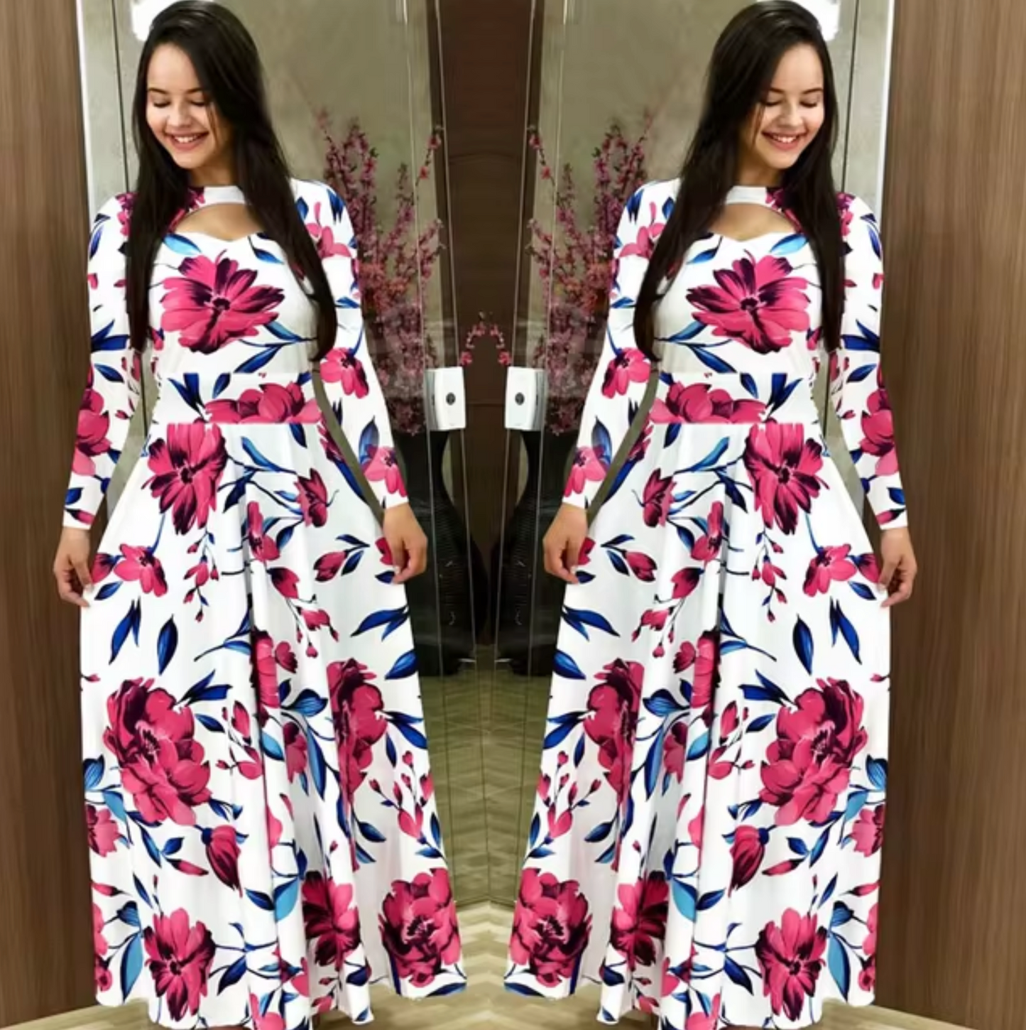 LIA - Vestido maxi de manga larga con estampado floral para mujer