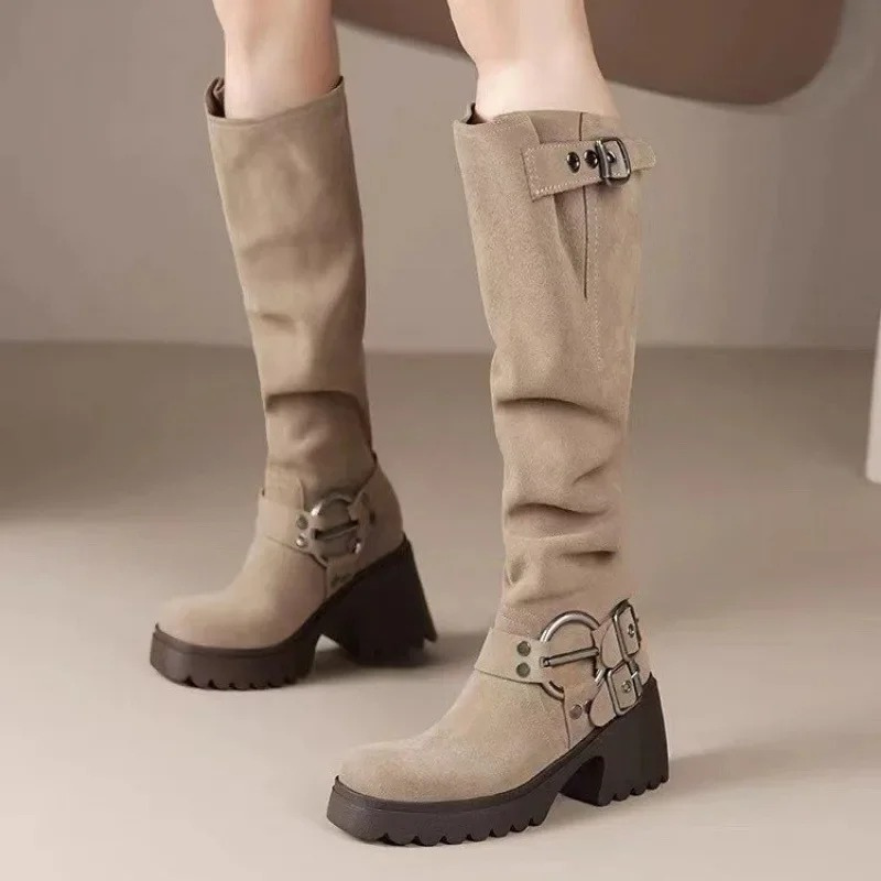 ELISA - Botas altas de cuero sintético cómodas para mujer