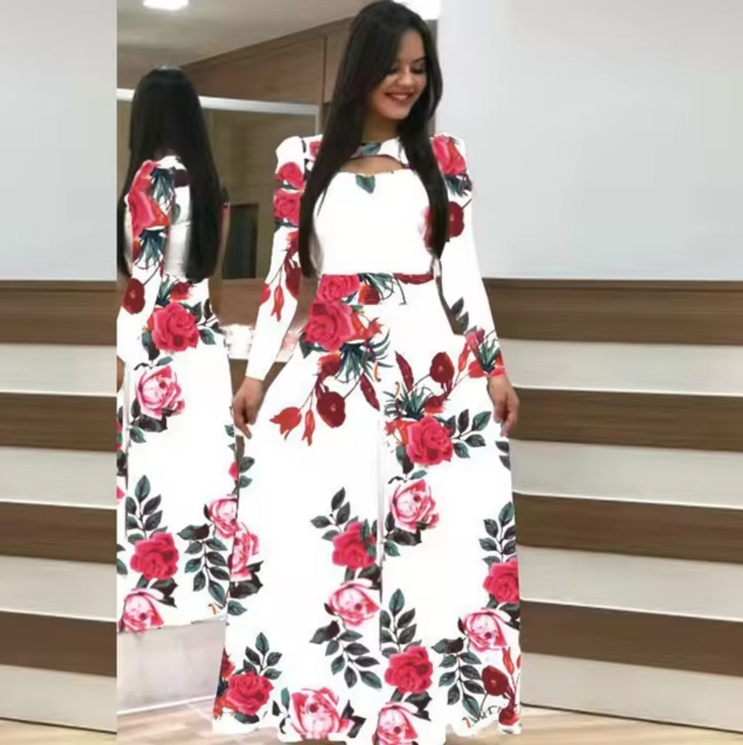 LIA - Vestido maxi de manga larga con estampado floral para mujer