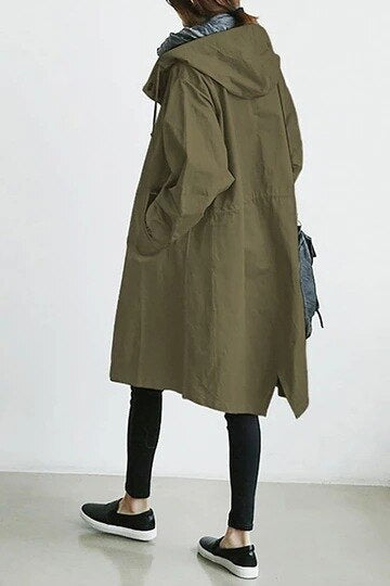 TOSCANA – Trench coat largo con capucha y cuello alto para mujer, disponible en tallas grandes