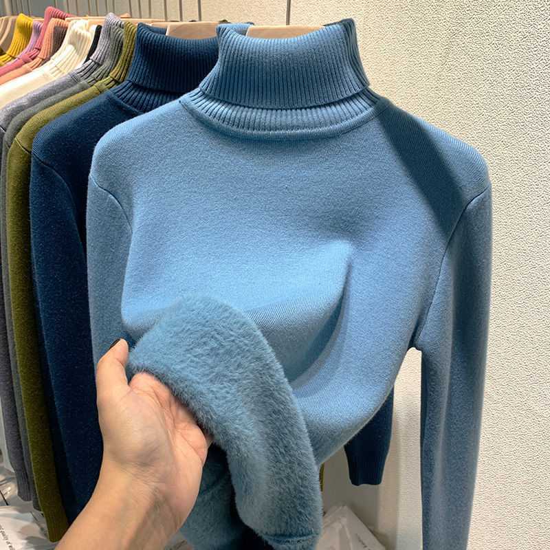 Grace - Suéter de cuello alto con interior de terciopelo para mujer Azul