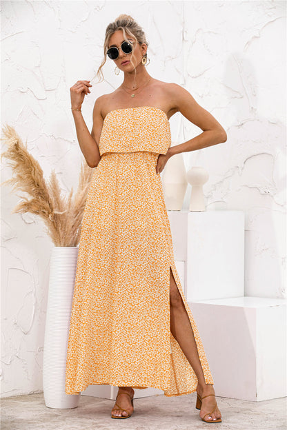 Cora - Vestido Casual Largo de Estampado Floral Palabra de Honor Primavera Verano para mujer Amarillo