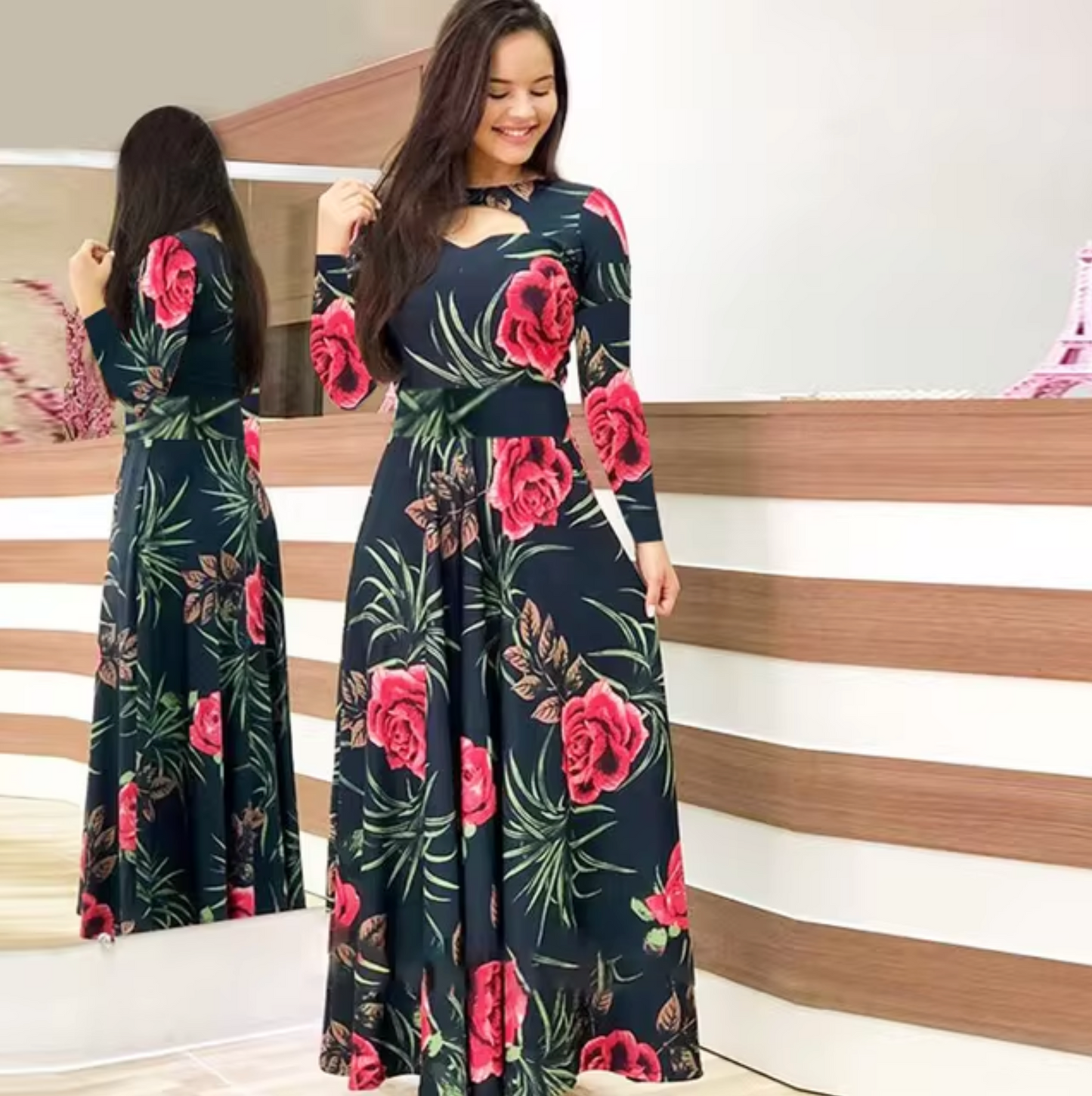 LIA - Vestido maxi de manga larga con estampado floral para mujer