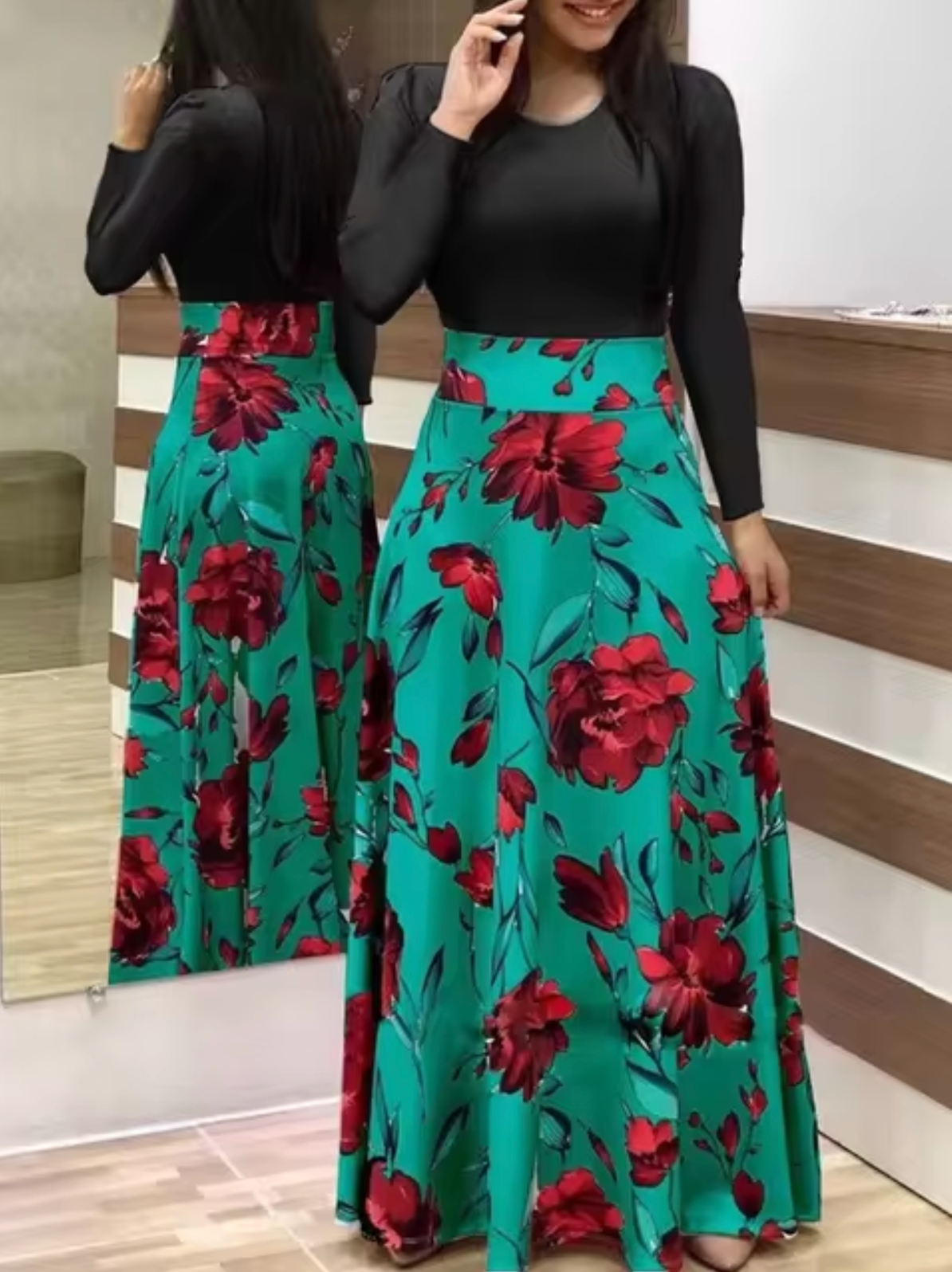 ELISA - Vestido de manga larga con estampado floral para mujer