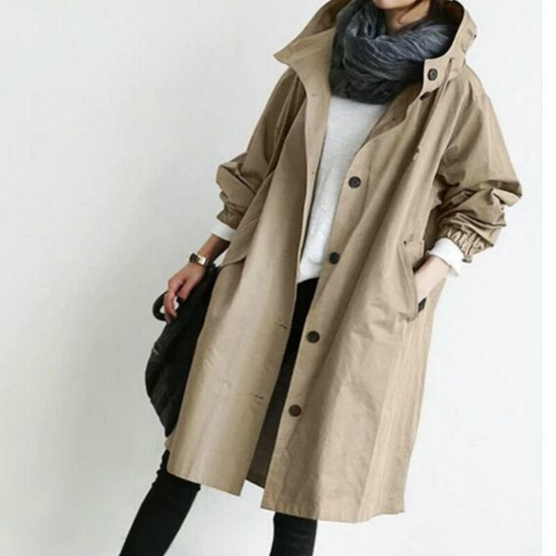 TOSCANA – Trench coat largo con capucha y cuello alto para mujer, disponible en tallas grandes