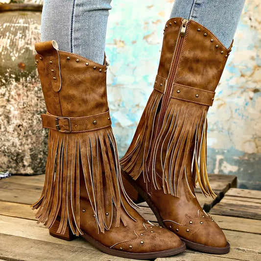 RAYA - Botas estilo cowboy vaqueras robustas con tacón grueso para mujer