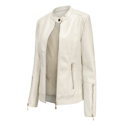 SALMA - Chaqueta de cuero elegante con cuello redondo y cierre de botones para mujer