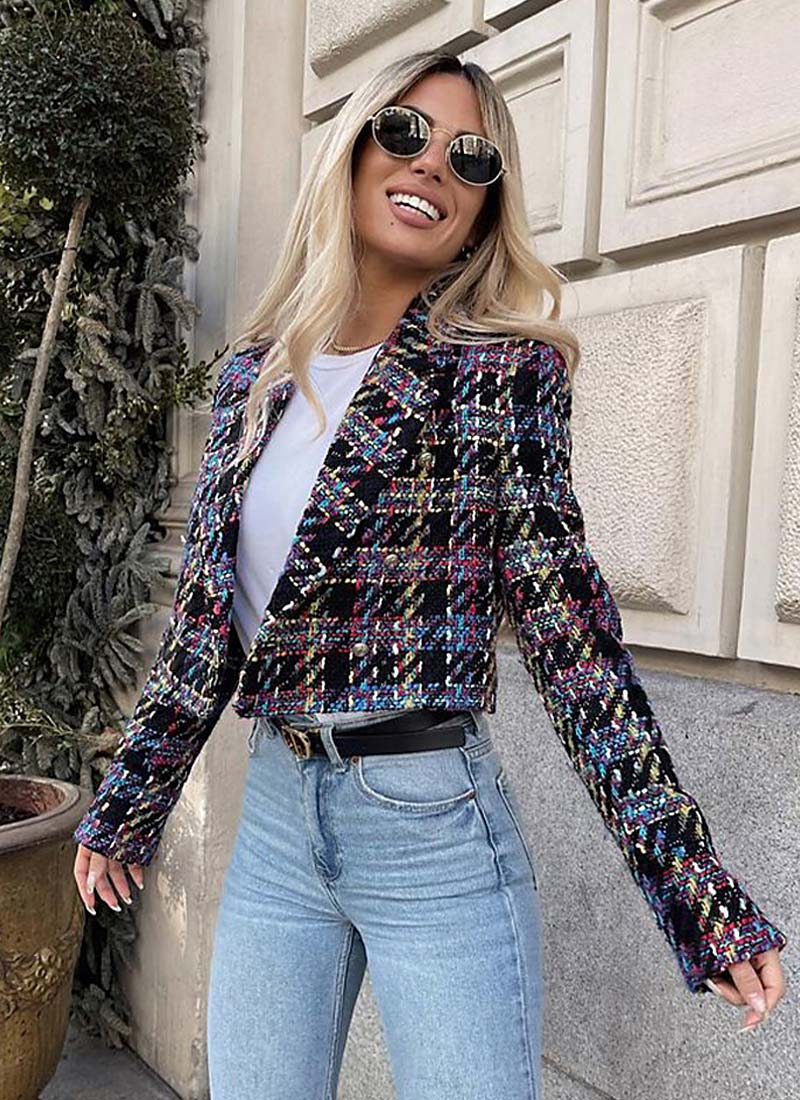 Rosella - Chaqueta de traje corta tipo 'cropped' blazer a cuadros clásico para mujer Multicolor