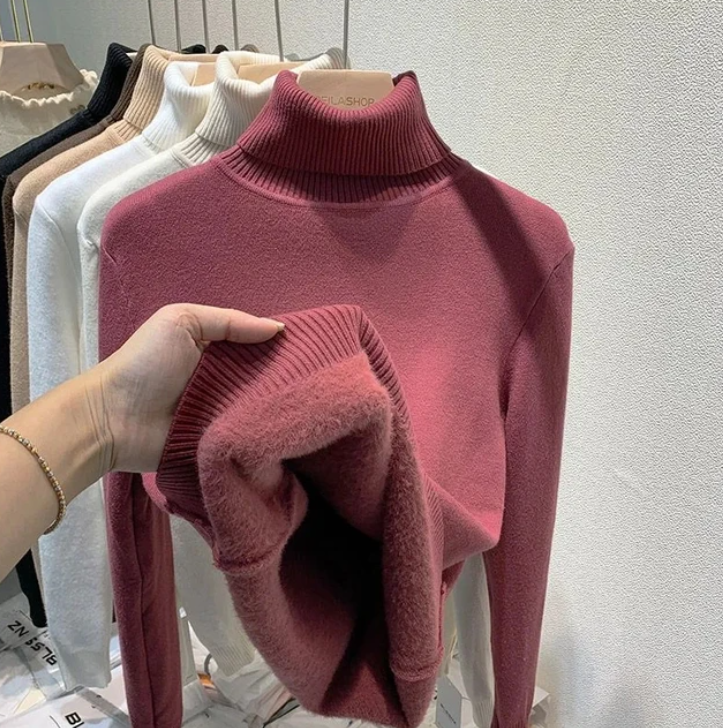 Grace - Suéter de cuello alto con interior de terciopelo para mujer Rojo claro