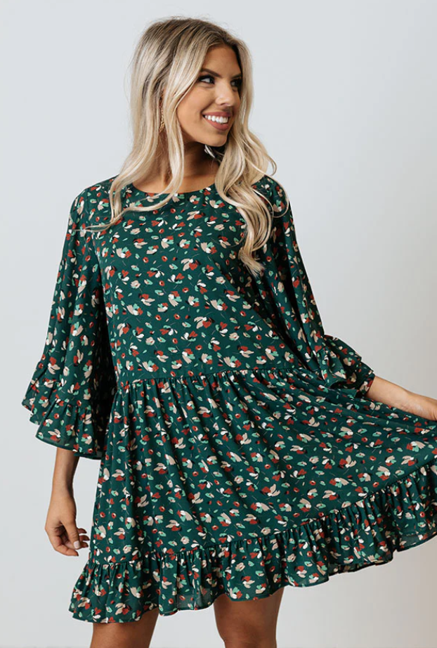 Abigail - Vestido Bohemio Corto de Estampado Mangas Sueltas Primavera Verano Para Mujer Verde