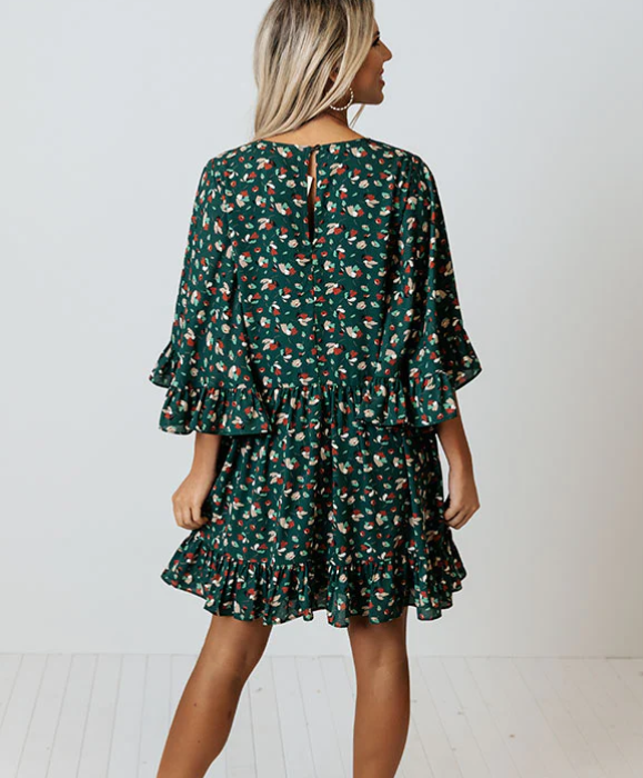 Abigail - Vestido Bohemio Corto de Estampado Mangas Sueltas Primavera Verano Para Mujer