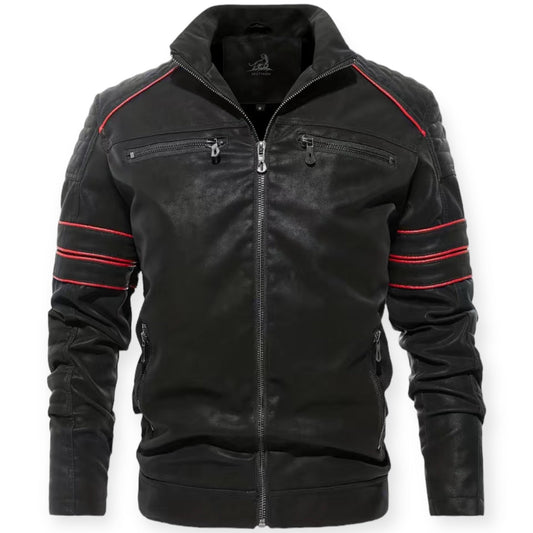 BRYCE - Chaqueta de cuero negro inspirada en el estilo racer