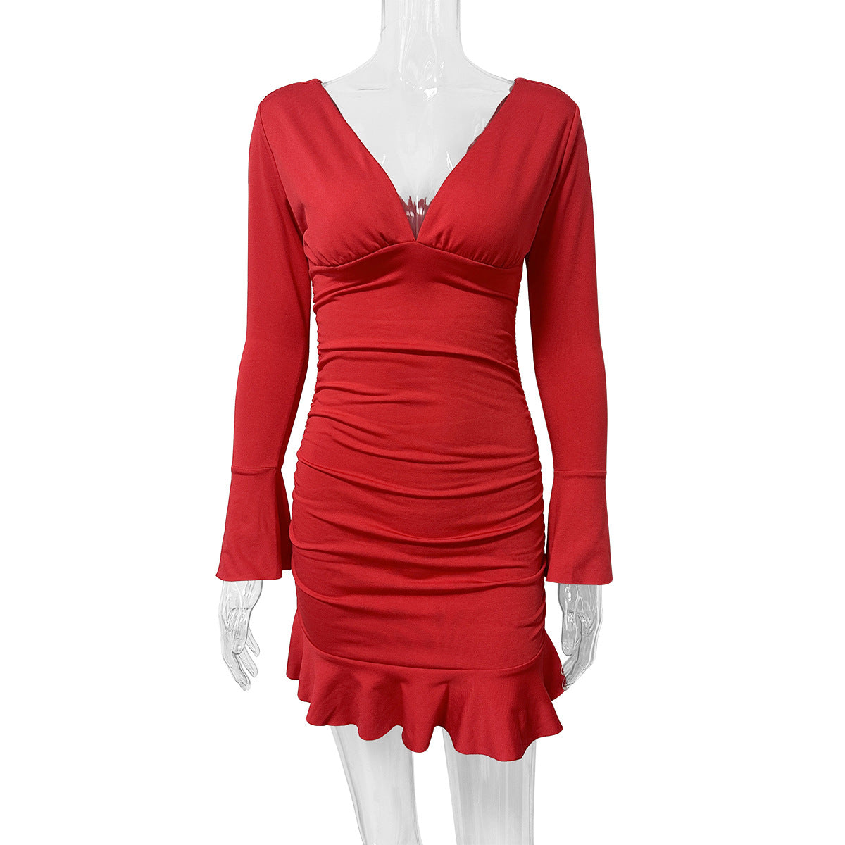 Rosario - Elegante Vestido Rojo Corto de Manga Larga con Escote Primavera Verano para mujer