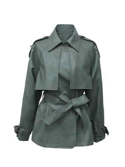 OLYSSA - Chaqueta de cuero verde elegante con cinturón para mujer