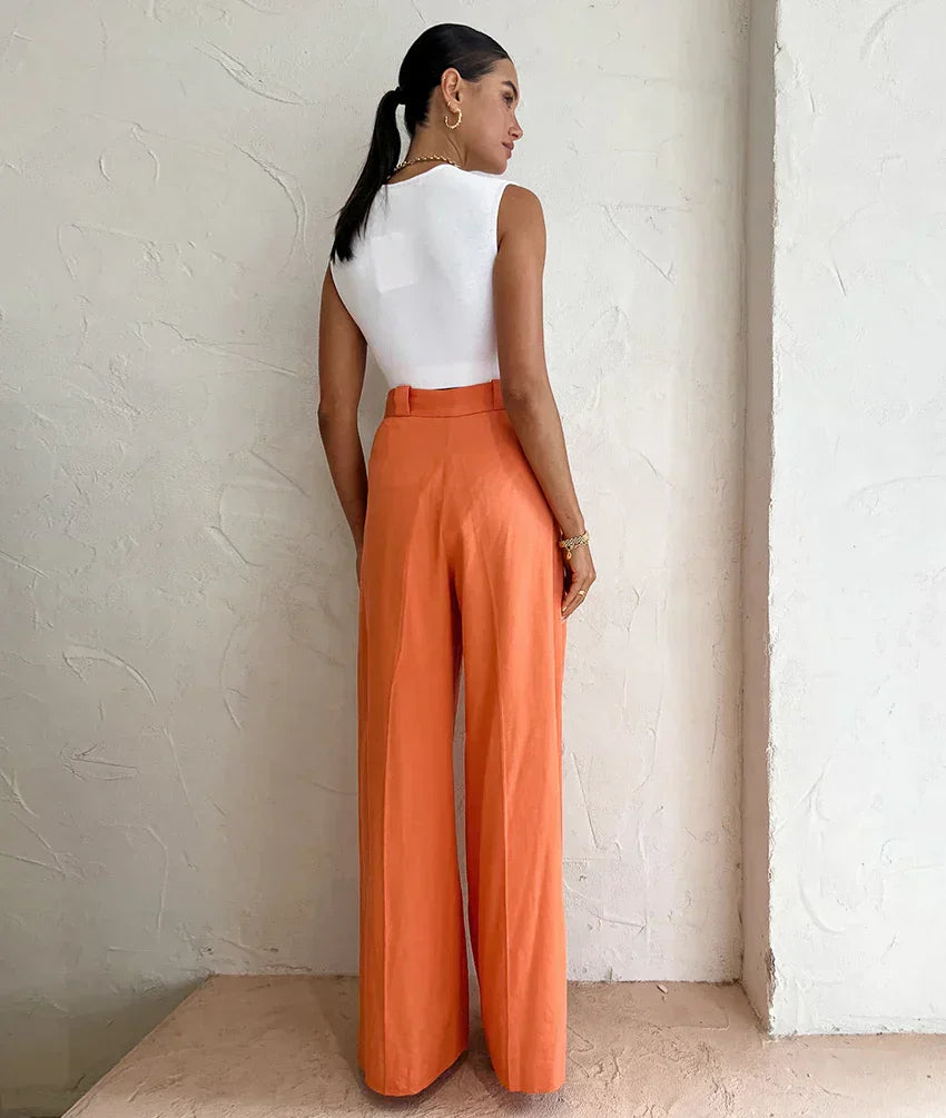 VIRIDIA - Pantalón de lino en color naranja para mujer