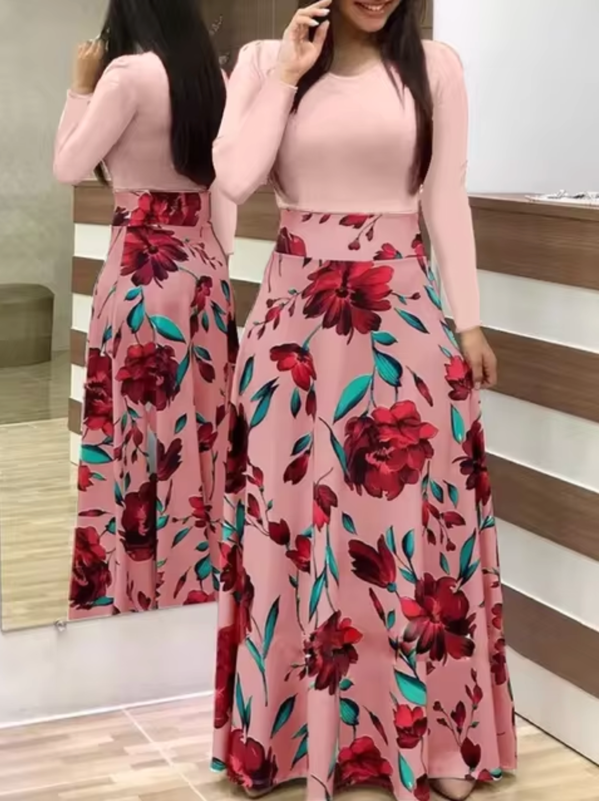 ELISA - Vestido de manga larga con estampado floral para mujer